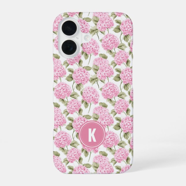 Elegant Pink Hydragea Flowers Pattern Monogram iPhone 16 Case (Back)