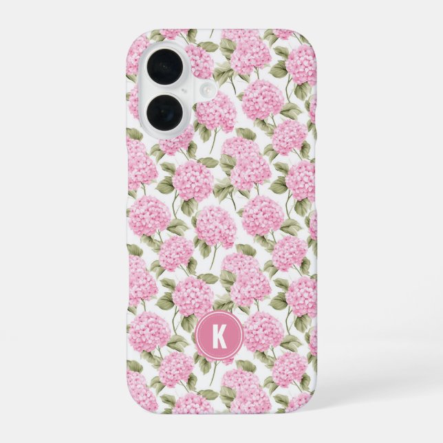 Elegant Pink Hydragea Flowers Pattern Monogram iPhone 16 Case (Back)
