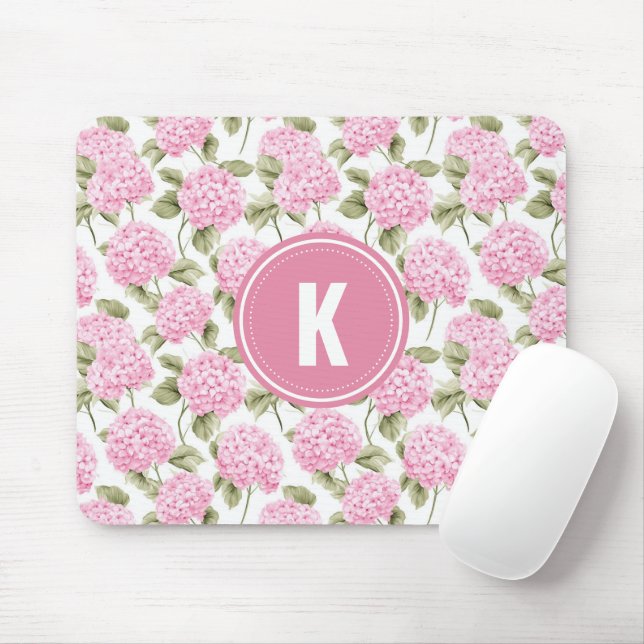Elegant Pink Hydragea Flowers Pattern Monogram Mouse Mat (With Mouse)