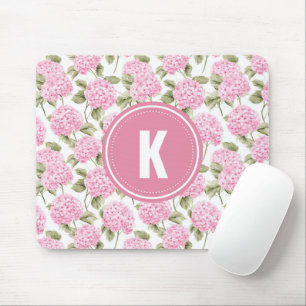 Elegant Pink Hydragea Flowers Pattern Monogram Mouse Mat