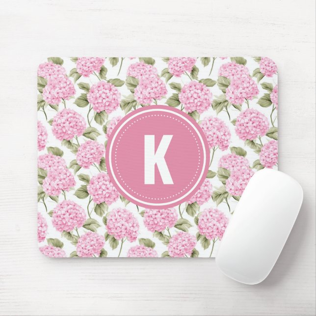 Elegant Pink Hydragea Flowers Pattern Monogram Mouse Mat (With Mouse)