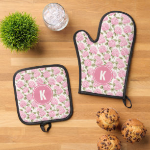 Elegant Pink Hydragea Flowers Pattern Monogram Oven Mitt & Pot Holder Set
