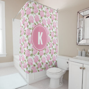 Elegant Pink Hydragea Flowers Pattern Monogram Shower Curtain