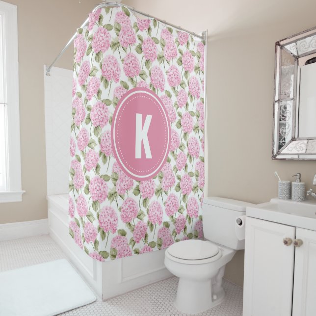 Elegant Pink Hydragea Flowers Pattern Monogram Shower Curtain (In Situ)