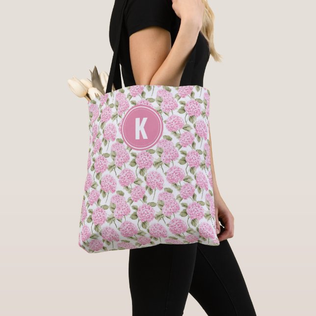 Elegant Pink Hydragea Flowers Pattern Monogram Tote Bag (Close Up)