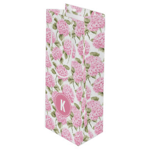 Elegant Pink Hydragea Flowers Pattern Monogram Wine Gift Bag