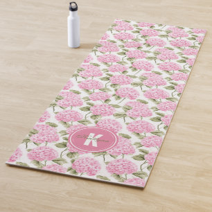 Elegant Pink Hydragea Flowers Pattern Monogram Yoga Mat
