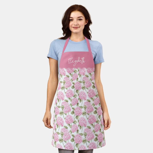 Elegant Pink Hydragea Flowers Pattern Name Apron (Worn)