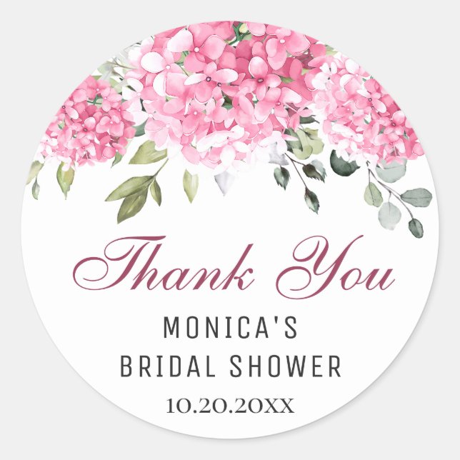 Elegant Pink Hydrangea Eucalyptus Bridal Shower Classic Round Sticker (Front)