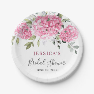 Elegant Pink Hydrangea Eucalyptus Bridal Shower Paper Plate