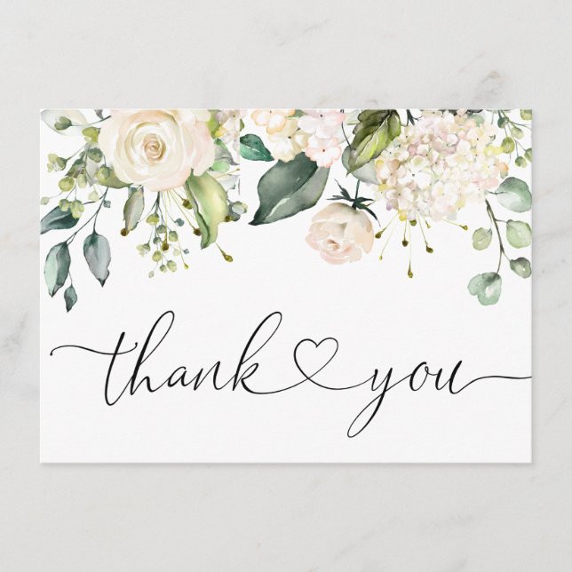 Elegant Pink Hydrangea Eucalyptus Roses Thank You Card (Front)