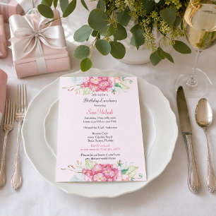 Elegant Pink Hydrangea Floral Birthday  Invitation