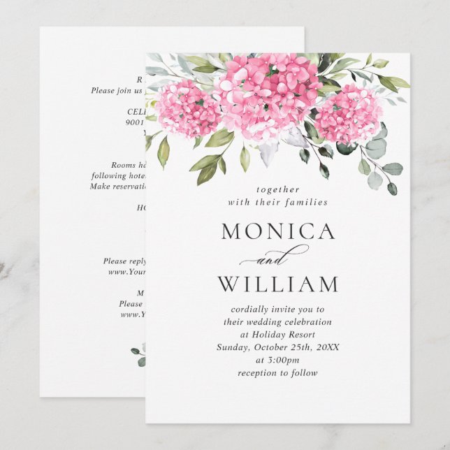Elegant Pink Hydrangea Floral Wedding All In One Invitation (Front/Back)