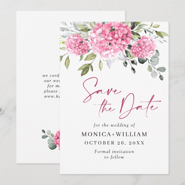 Elegant Pink Hydrangea Floral Wedding Save The Date (Front/Back)