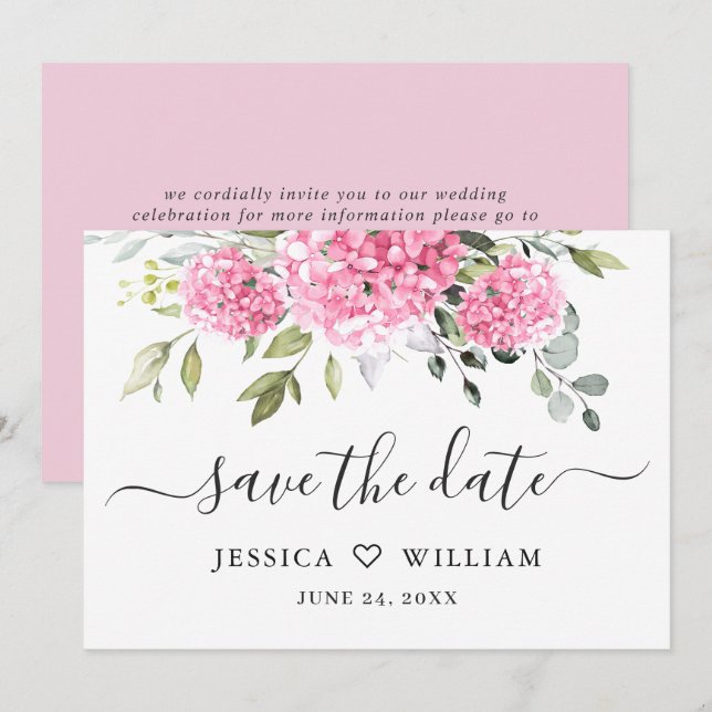 Elegant Pink Hydrangea Floral Wedding Save The Date (Front/Back)
