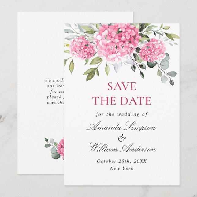 Elegant Pink Hydrangea Floral Wedding Save The Date (Front/Back)