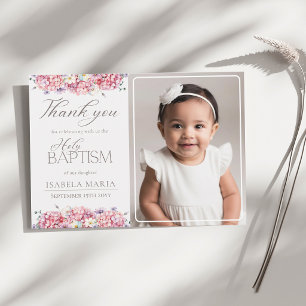 Elegant Pink Hydrangea Flowers Baptism Photo Thank You Card