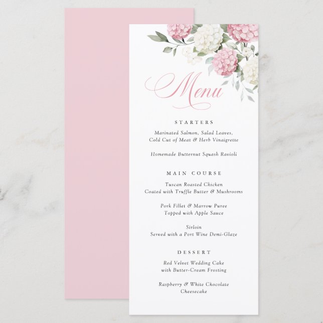 Elegant Pink Hydrangea Greenery Wedding Menu (Front/Back)