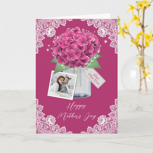 Elegant Pink Hydrangea Photo Happy Mother's Day Card (Yellow Flower)
