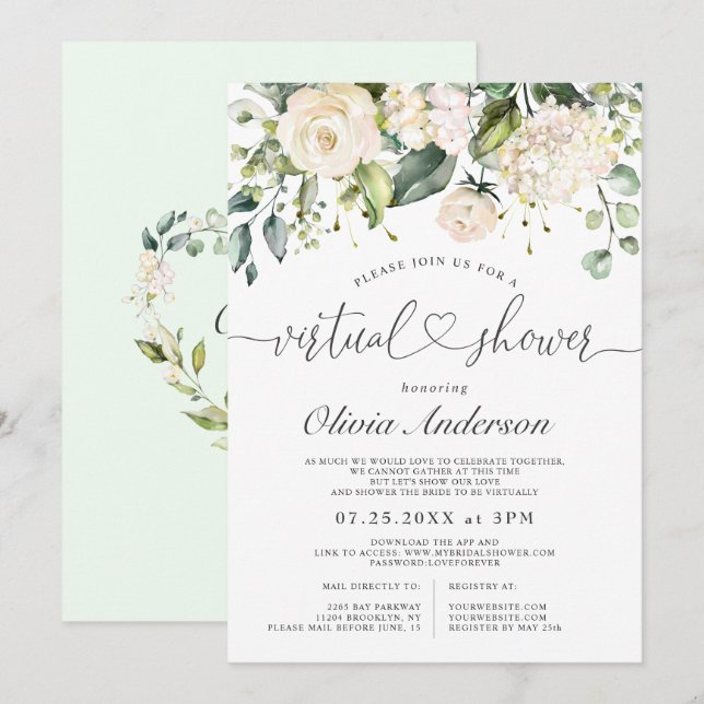 Elegant Pink Hydrangea Roses virtual Bridal Shower Invitation (Front/Back)