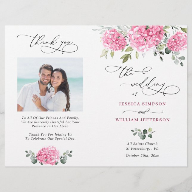 Elegant Pink Hydrangea Wedding Ceremony Program (Front)