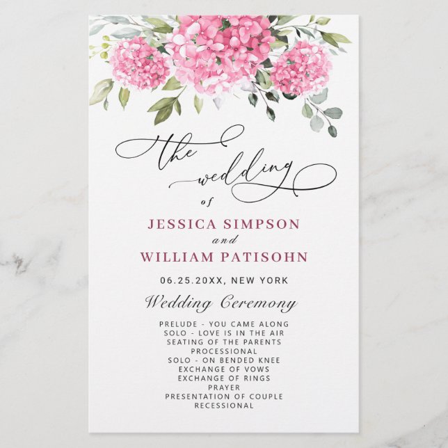 Elegant Pink Hydrangea Wedding Ceremony Program (Front)