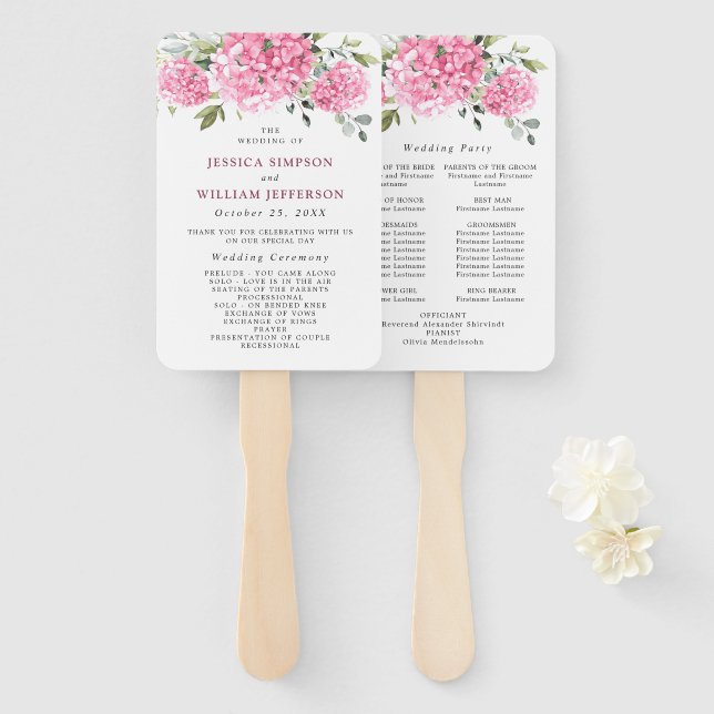 Elegant Pink Hydrangea Wedding Ceremony Program Hand Fan (Front and Back)