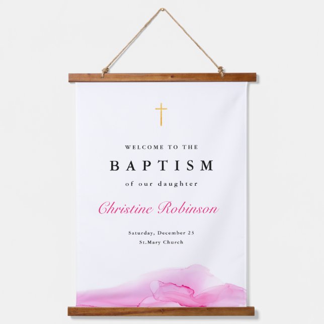 Elegant Pink Ink Welcome Baptism Christening  Hanging Tapestry (Front)