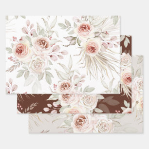 Elegant Pink Ivory Boho Floral Roses Greenery Wrapping Paper Sheet
