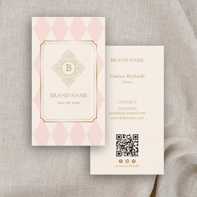 Elegant Pink Ivory Diamond Gold Frame Monogram Business Card (Creator Uploaded)