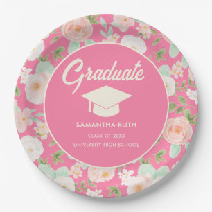 Elegant Pink Ivory Floral Graduation Party Paper Plate