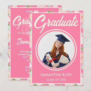 Elegant Pink Ivory Floral Photo Graduation Party Invitation