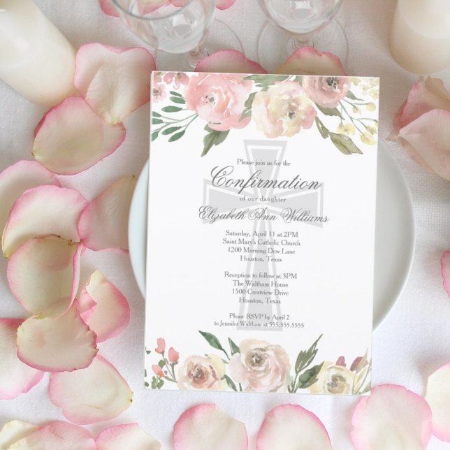 Elegant Pink Ivory Floral Religious Confirmation Invitation (Creator Uploaded)