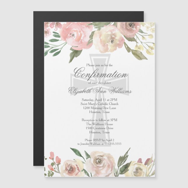 Elegant Pink Ivory Floral Religious Confirmation Magnetic Invitation (Front/Back)