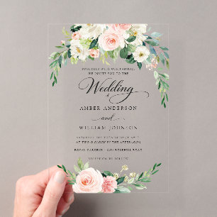 Elegant Pink Ivory Floral Wreath Wedding Acrylic Invitations