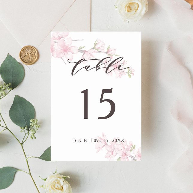Elegant Pink Japanese Cherry Blossom Watercolor Table Number (Creator Uploaded)