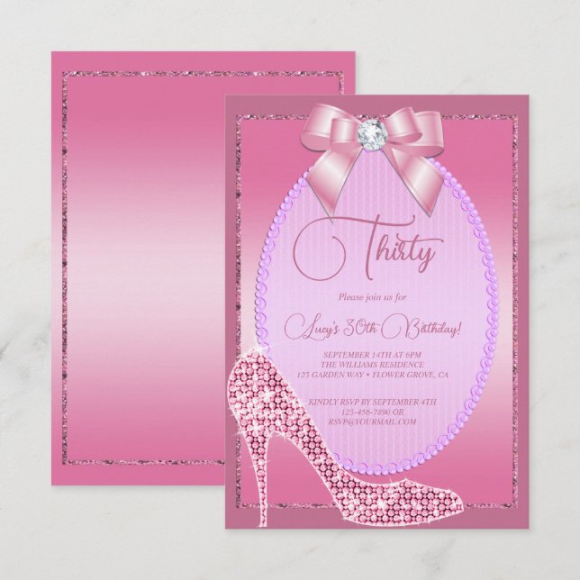 Elegant Pink Jewel Bow & Stiletto Birthday Invitation (Front/Back)