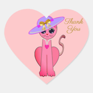 Elegant pink kitty cat on coral pink Thank You Heart Sticker