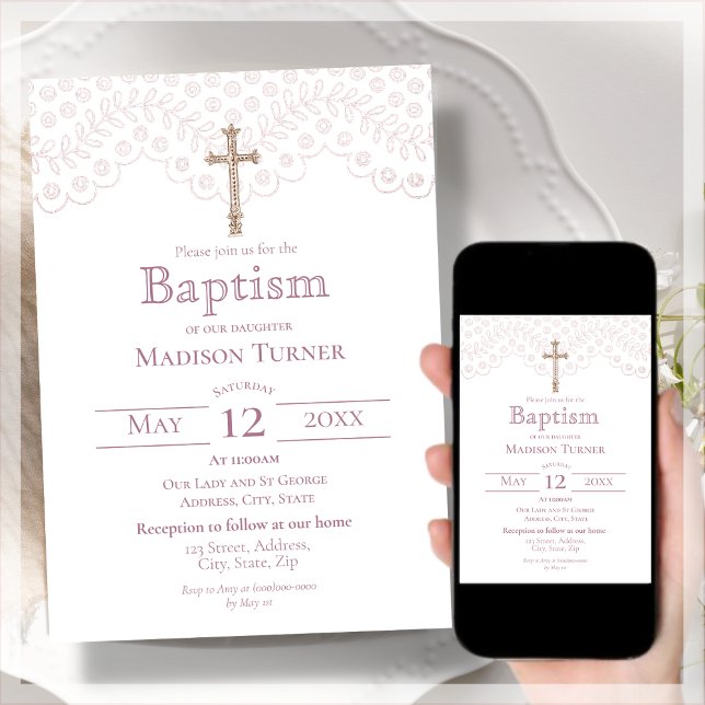 Elegant Pink Lace | Baptism Invitation (Creator Uploaded)