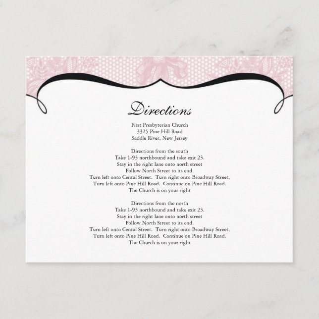 Elegant Pink Lace Direction Card (Front)