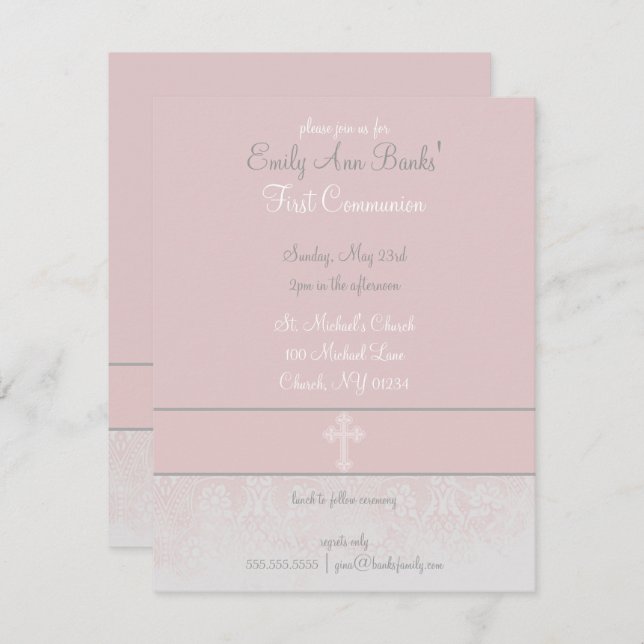 Elegant Pink Lace First Holy Communion Invitations (Front/Back)