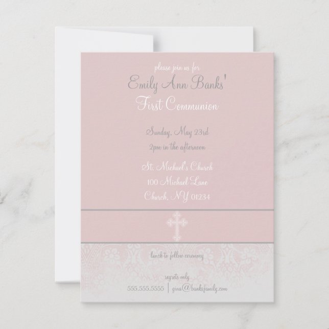 Elegant Pink Lace First Holy Communion Invitations (Front)