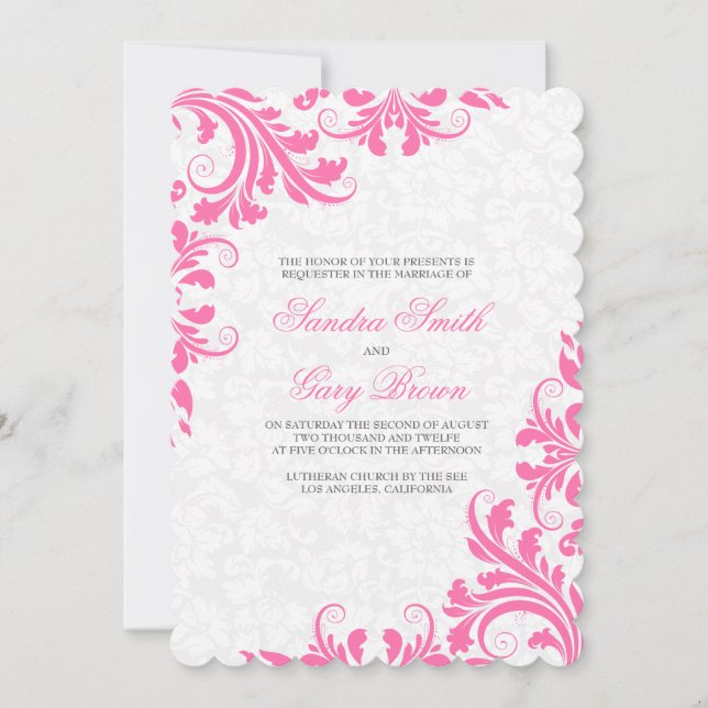 Elegant Pink Lace White Damasks Wedding Invitation (Front)