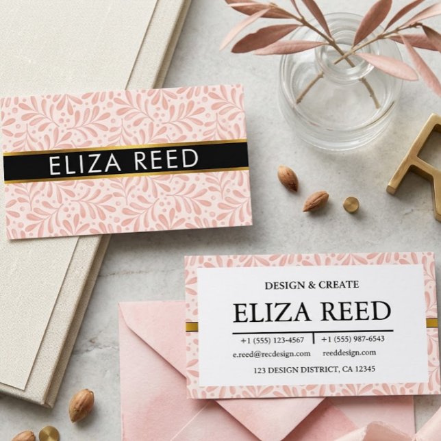 Elegant Pink Leaf Pattern and Gold Accent Business Card (Creator Uploaded)