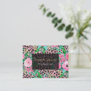 Elegant Pink Leopard Print and Floral Design Business Card