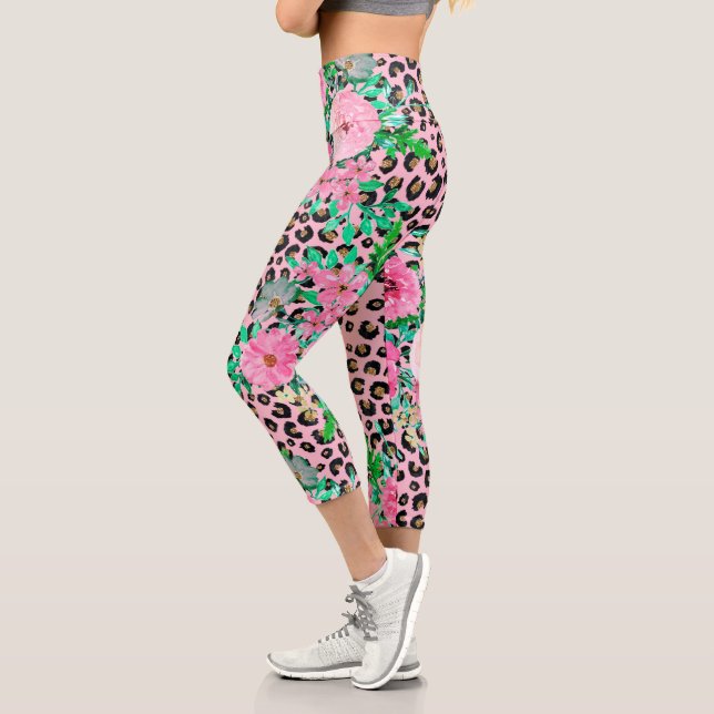 Elegant Pink Leopard Print and Floral Design Capri Leggings (Left)