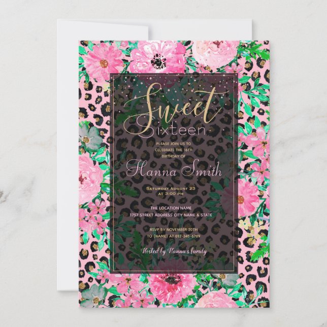 Elegant Pink Leopard Print and Floral Design Invitation (Front)