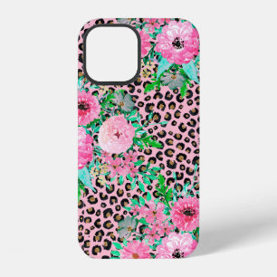 Elegant Pink Leopard Print and Floral Design iPhone 12 Case
