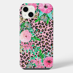 Elegant Pink Leopard Print and Floral Design iPhone 14 Plus Case