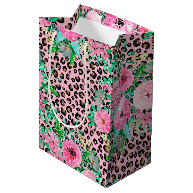 Elegant Pink Leopard Print and Floral Design Medium Gift Bag (Back Angled)